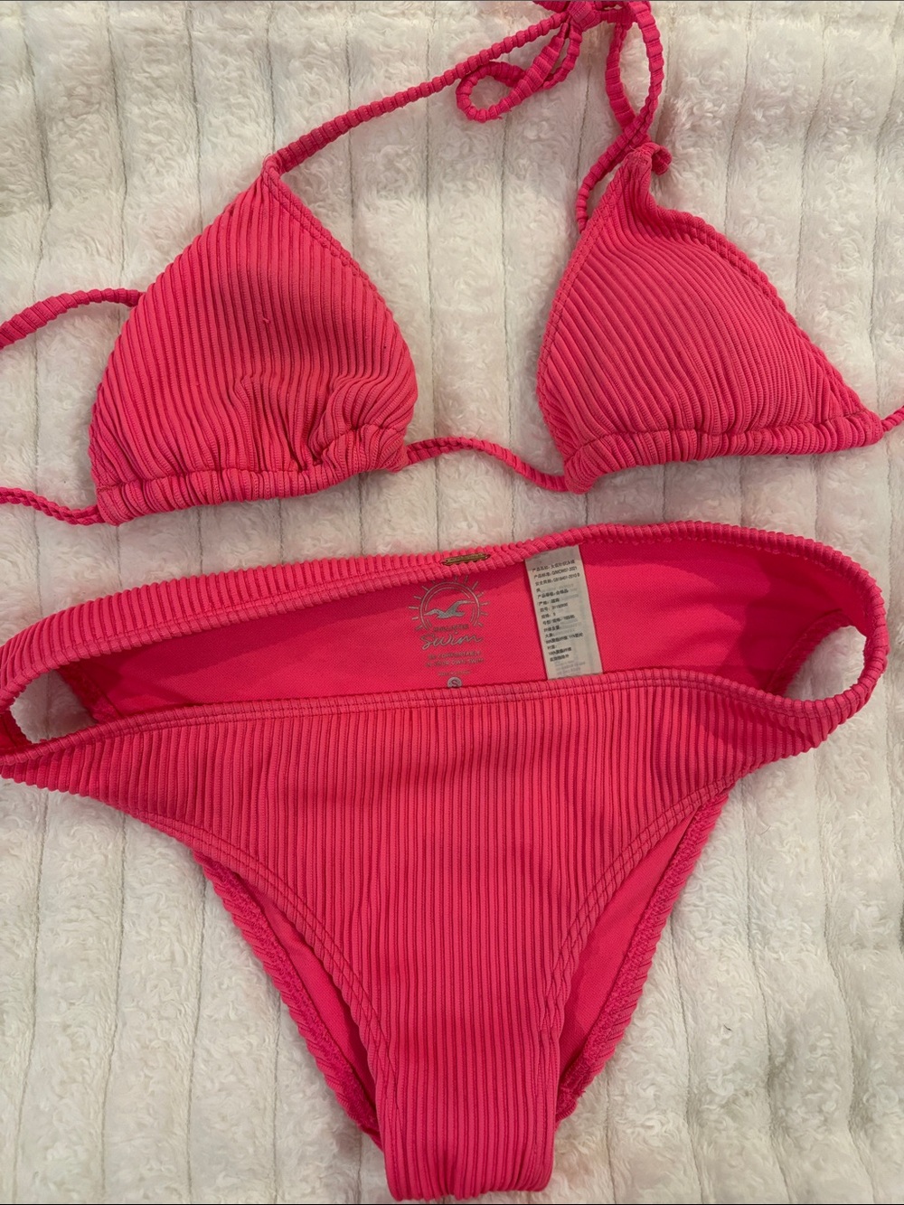 Hollister Ribbed Triangle Bikini Set in Bright Pink